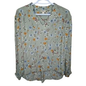 a.n.a. Long Sleeve Sage Green Floral Print V Neck Flowy Top Blouse XS Women